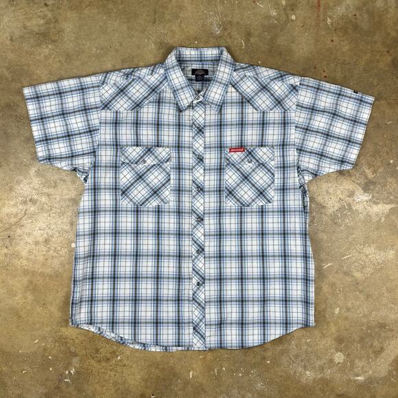 Dickies Plaid Pearl Snap Shirt Men’s 2XL Blue‎ Western Short Sleeve - Picture 1 of 10